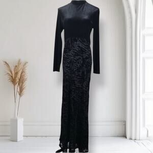 Vintage 90s Black Velvet Burnout Maxi Dress Mock Neck Animal Print Size 12